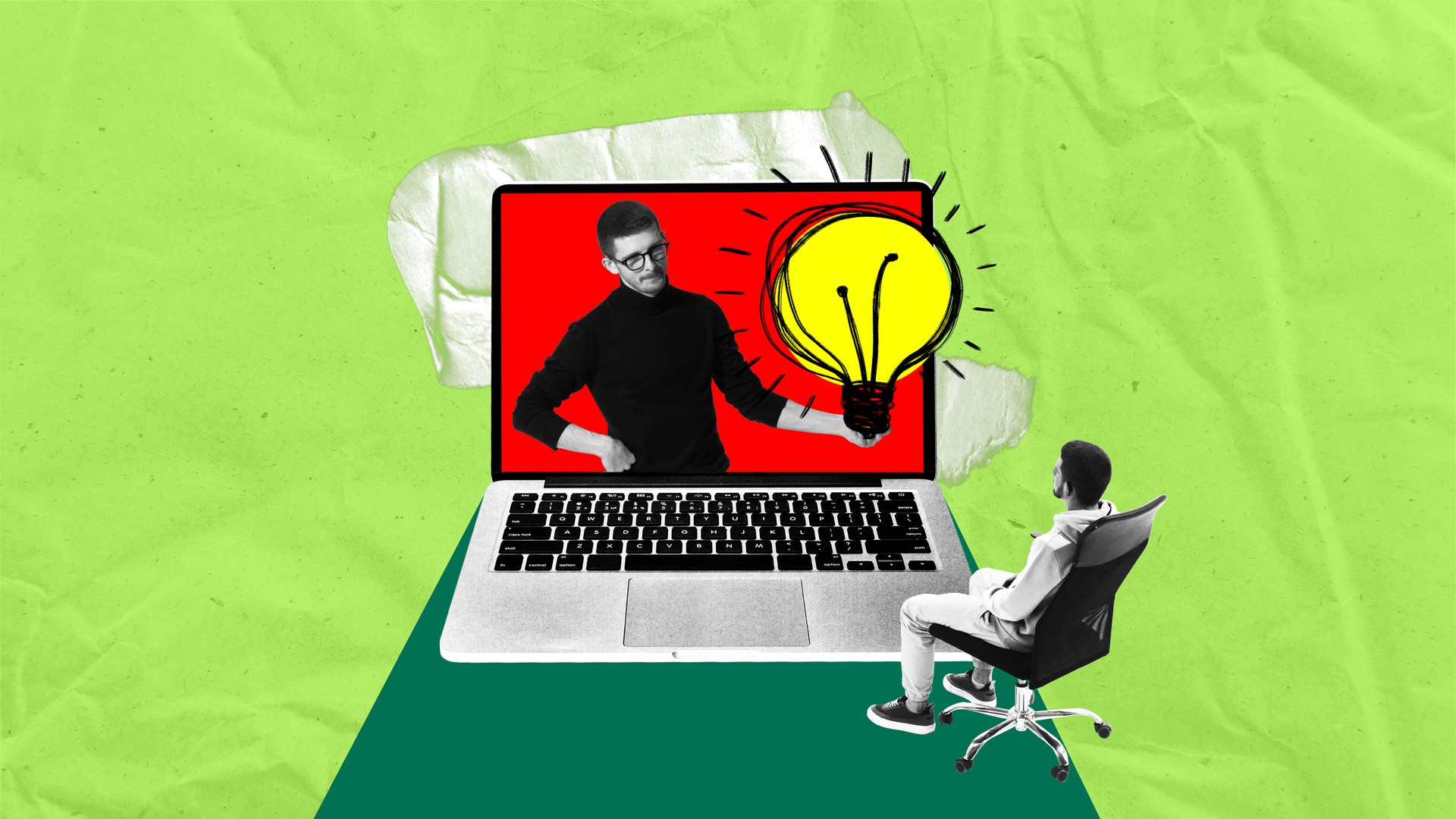 Virtual meeting. Man in a chair listening to man with lightbulb in laptop screen. Bright ideas, remote consulting. Contemporary art collage.